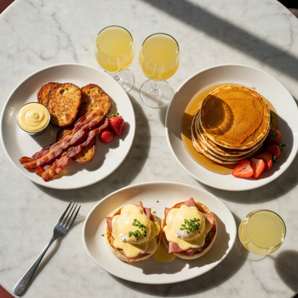 Another Broken Egg Cafe brunch spread with eggs benedict, french toast, pancakes and mimosas