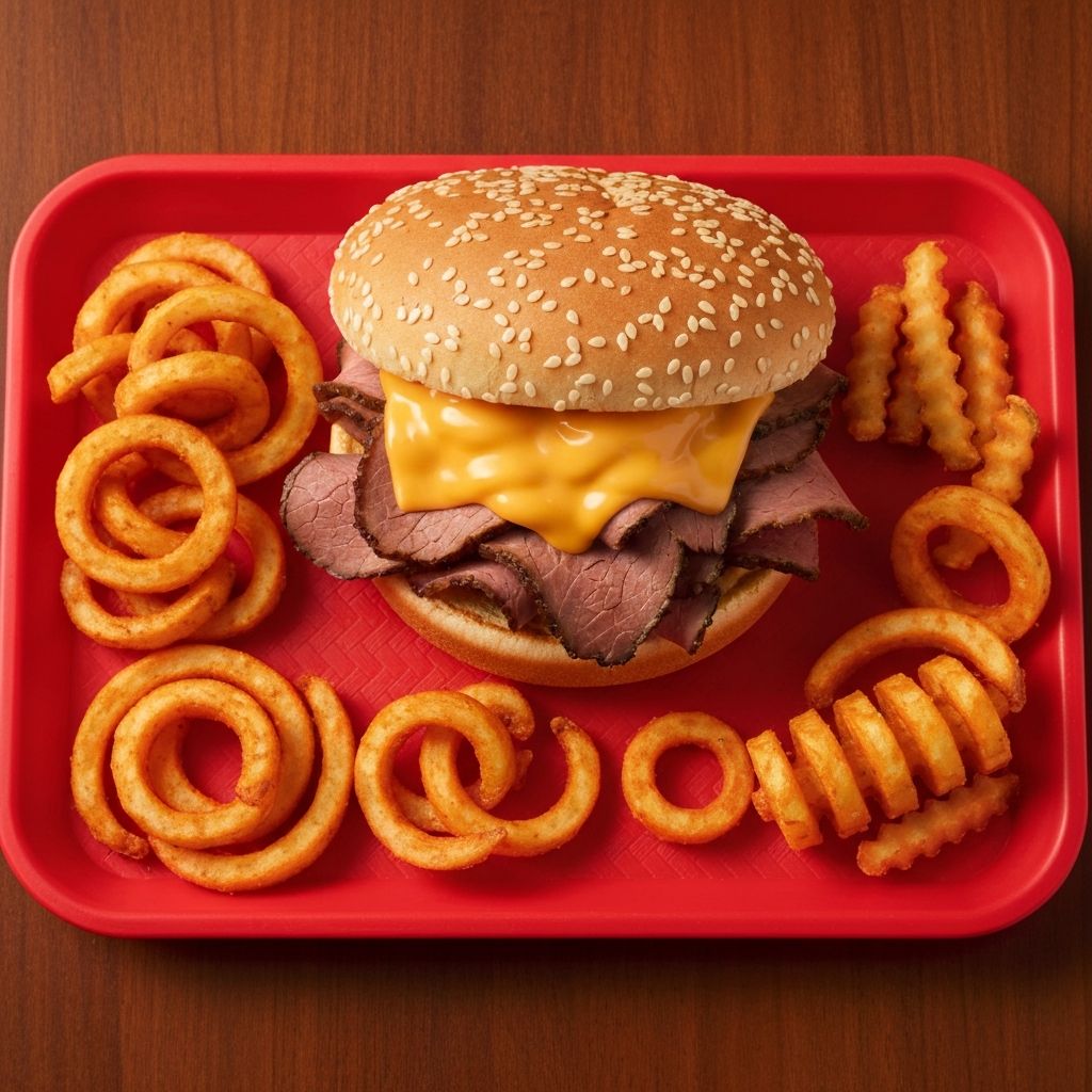 Arby's roast beef sandwich with curly fries and cheese sauce