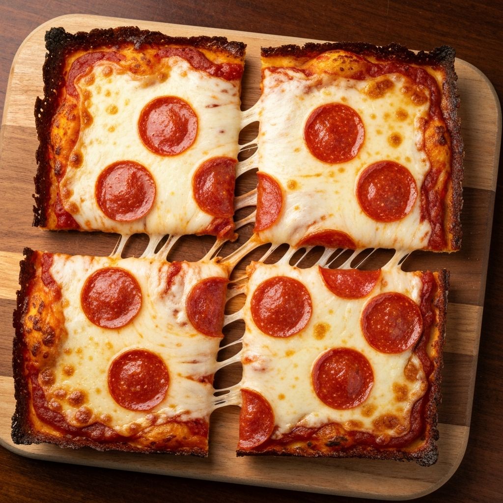 Best Way Pizza square cut slices with pepperoni and melted cheese for nutrition tracking