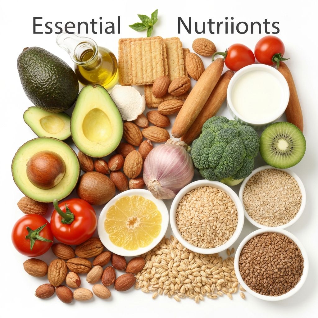 The 7 types of nutrition represented by healthy foods including proteins, carbs, fats, vitamins, minerals, fiber, and water