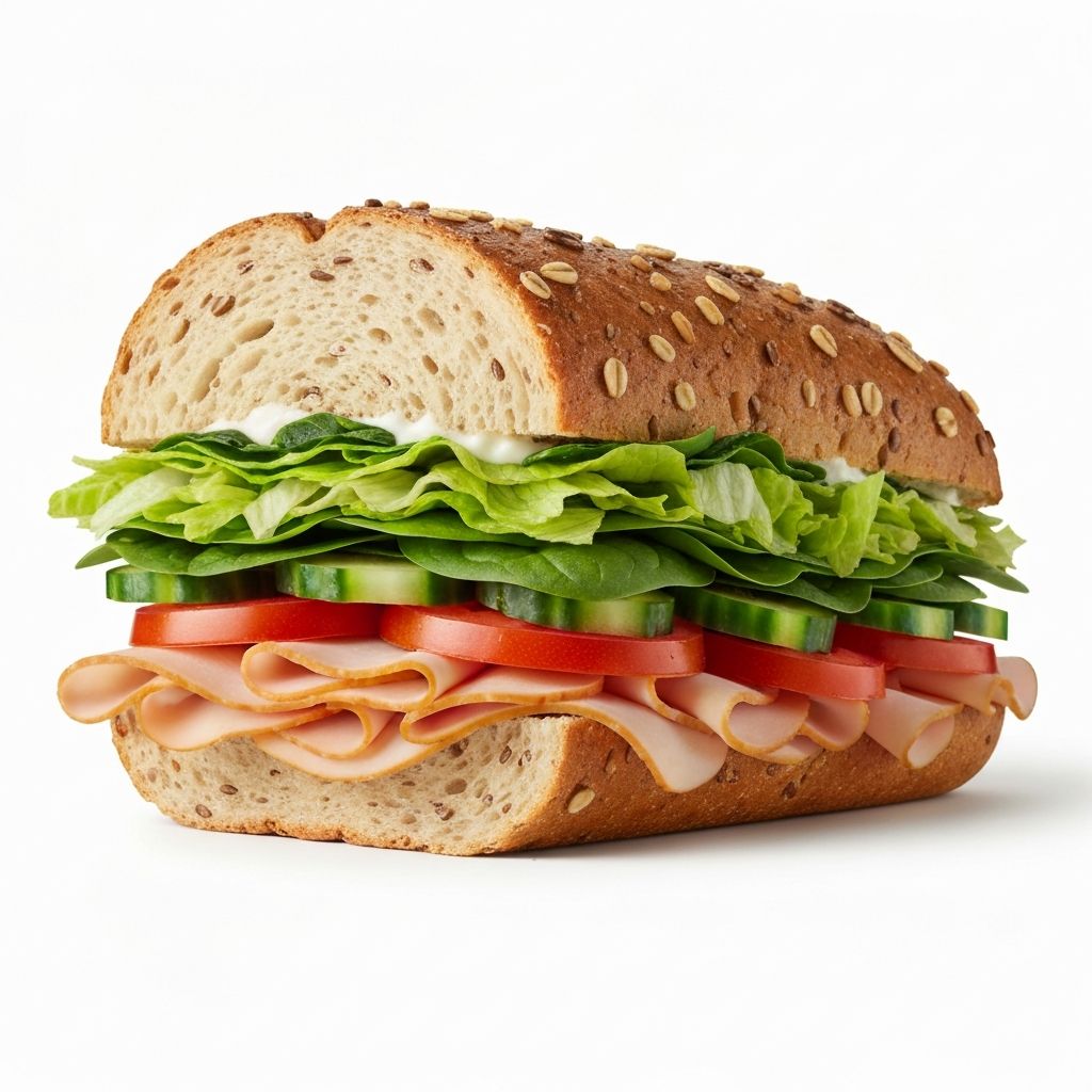 Fresh healthy Subway sandwich with turkey, vegetables, and whole grain bread