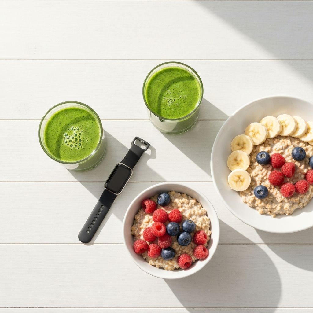 Healthy breakfast and fitness tracker representing basal metabolic rate and daily energy needs