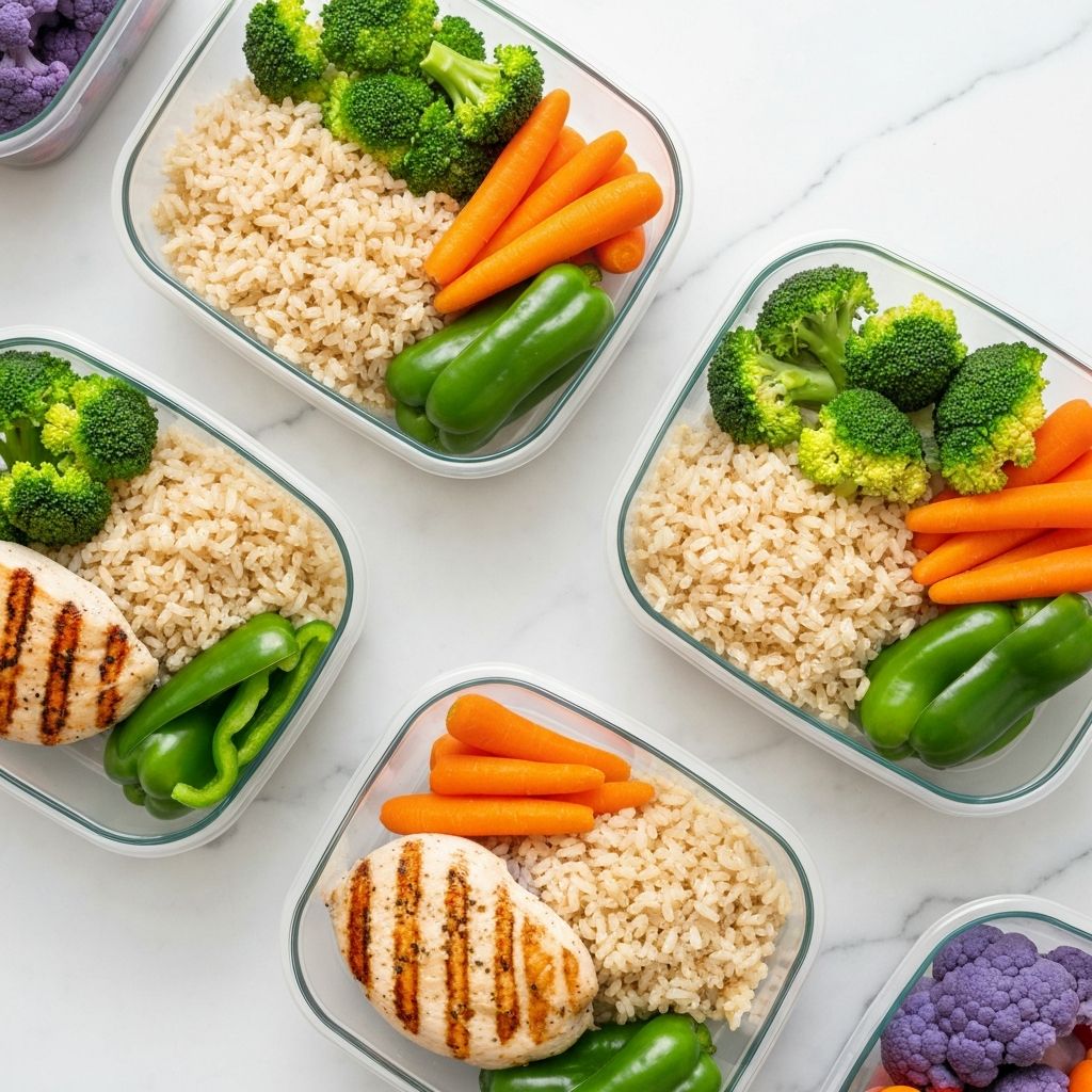 Clean Eatz healthy meal prep containers with grilled chicken, rice and vegetables for nutrition tracking