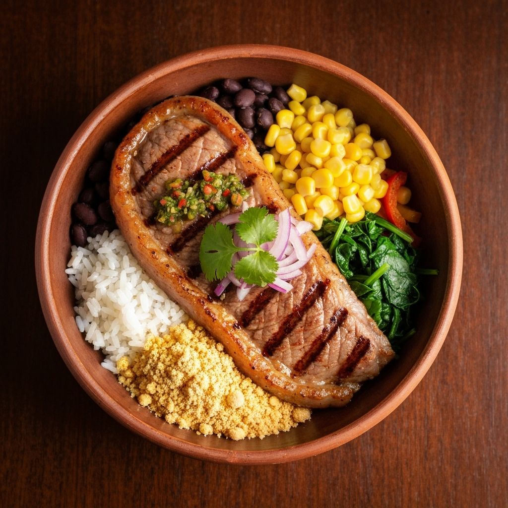 Five on Black Brazilian bowl with picanha steak, rice, black beans, farofa and traditional toppings