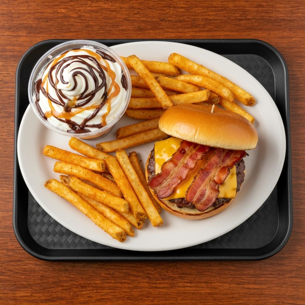 Good Times burgers, frozen custard and fries on a tray
