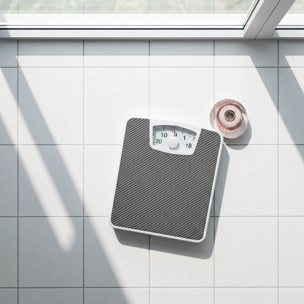 Scale and measuring tape representing ideal weight measurement