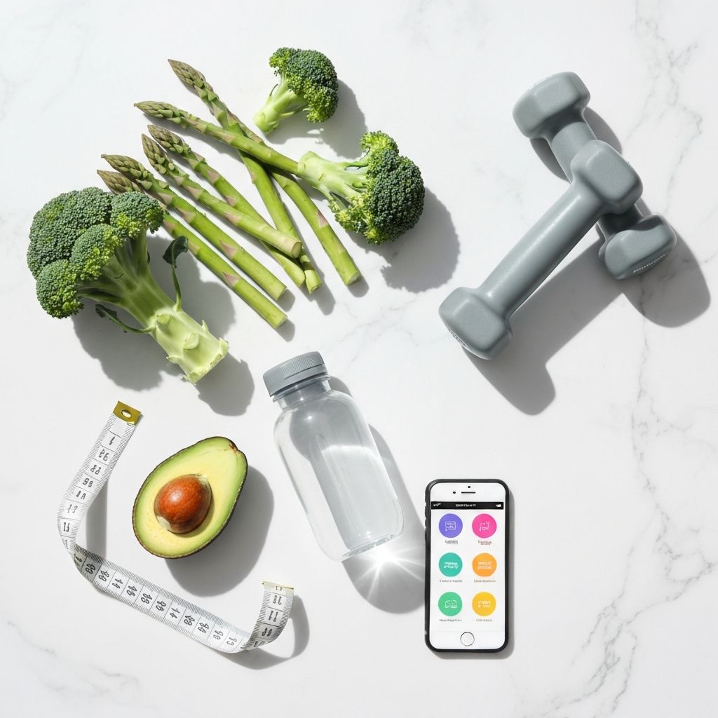 Wellness lifestyle with healthy food, fitness equipment and nutrition tracking