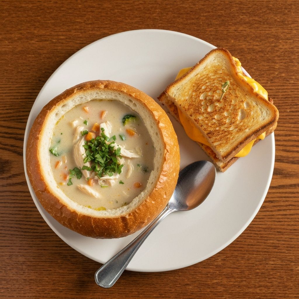 Zoup soup bowl with grilled cheese sandwich, featuring creamy chicken soup and fresh bread